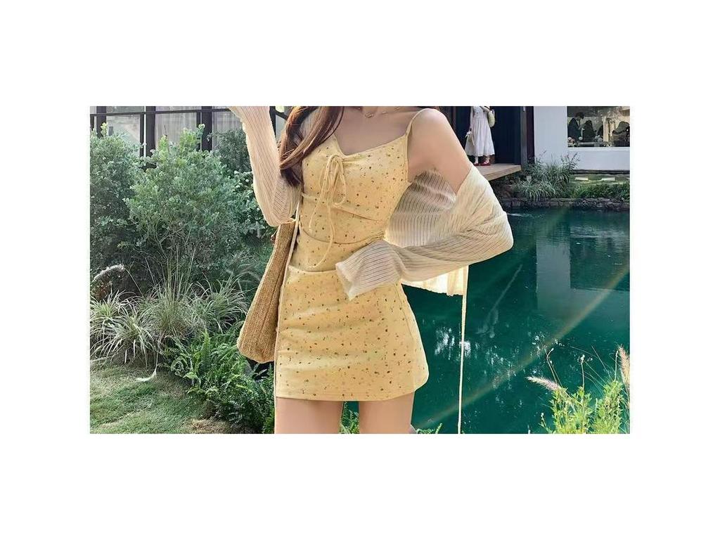 Elegant Yellow Strappy Dress & Cardigan Set - Women’s Slimming, Padded Waist-Cinched French Style