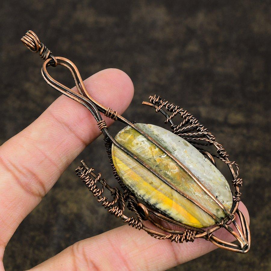 Natural Bumblebee Jasper Gemstone Copper Wire Wrap Gift Pendant 4.14" v4W84