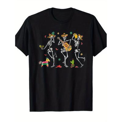Day of the Dead Skeletons Mariachi Guitar Graphic Tee Unisex Cotton Casual Short Sleeve T-Shirt