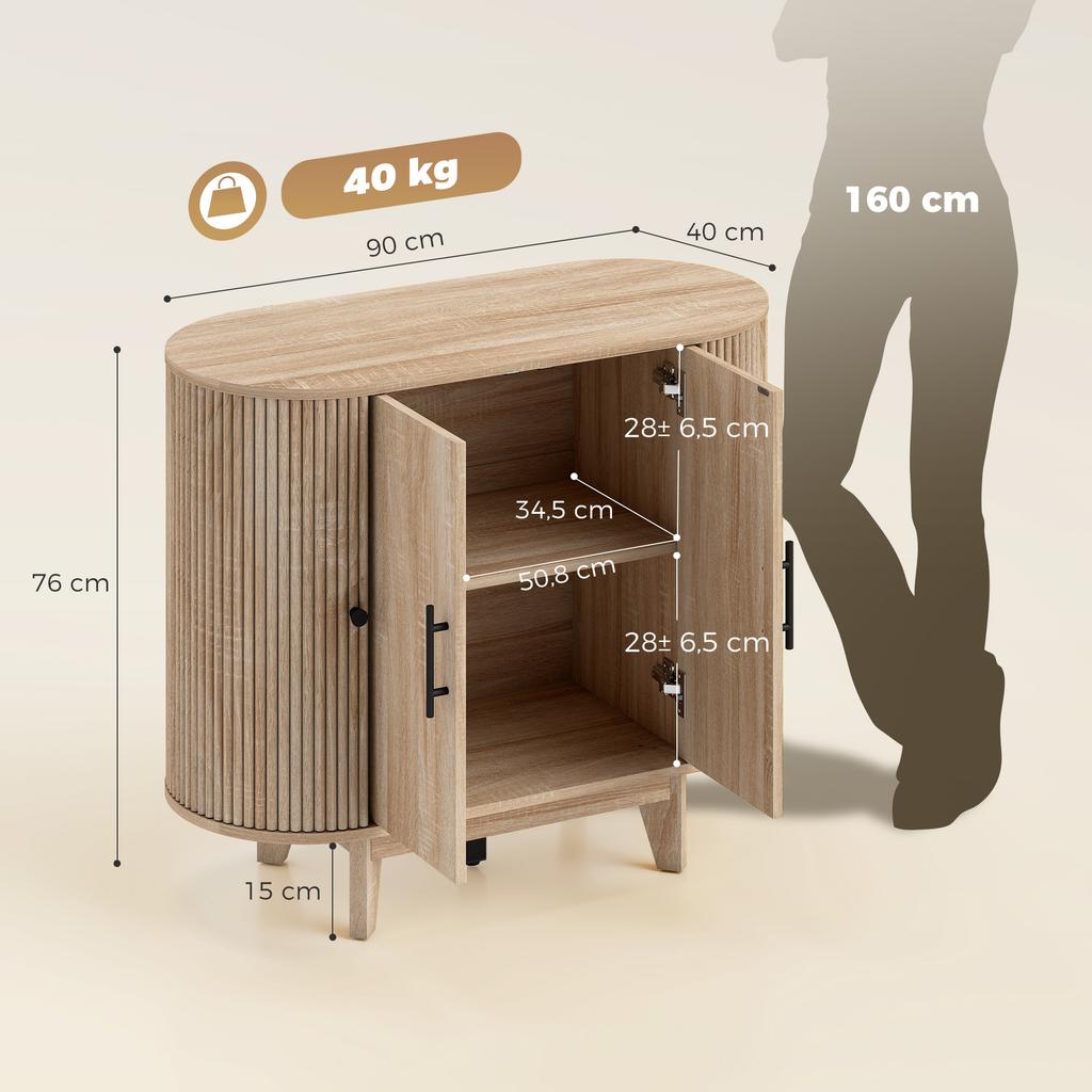 Living Room Sideboard, Oval, 4 Doors, Adjustable Shelves, 90 x 40 x 76 cm, Oak