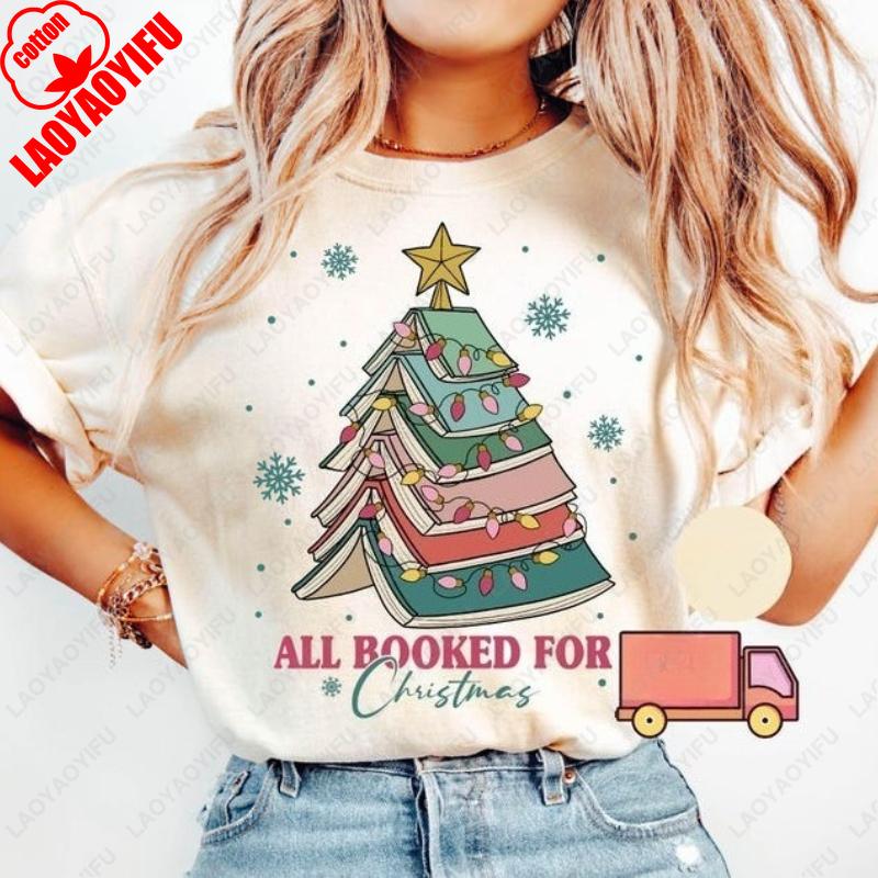 All Booked for Christmas Gift Tees for Librarian Bookworm Tree Kawaii Funny Unique Creative Tops Men Women Cotton Trend Tshirt