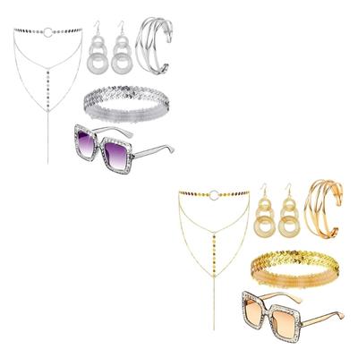 5Pcs 1970s Disco Jewelry Accessory Set For Women, Includes Sunglasses Necklace Earrings Bracelet and Sequins Headband