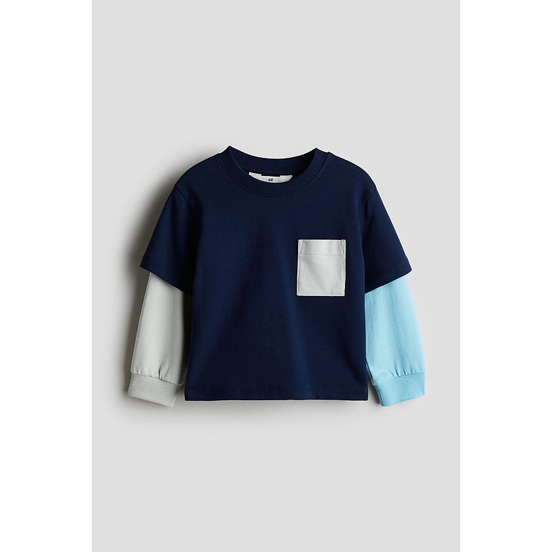 

HM Children s Clothing Boys T-shirt Autumn Fashion Colorblock Single Chest Bag Double Layer Long Sleeves Tops 1203310 Navy/Color block 120/60