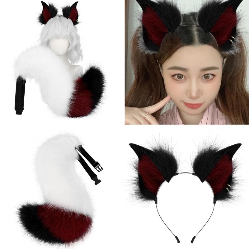 2Pcs Animal Cosplay Costume Fauxs Furs Wolf Cats Foxes Tail and Cats Ears Headbands Halloween Party Costume Accessories