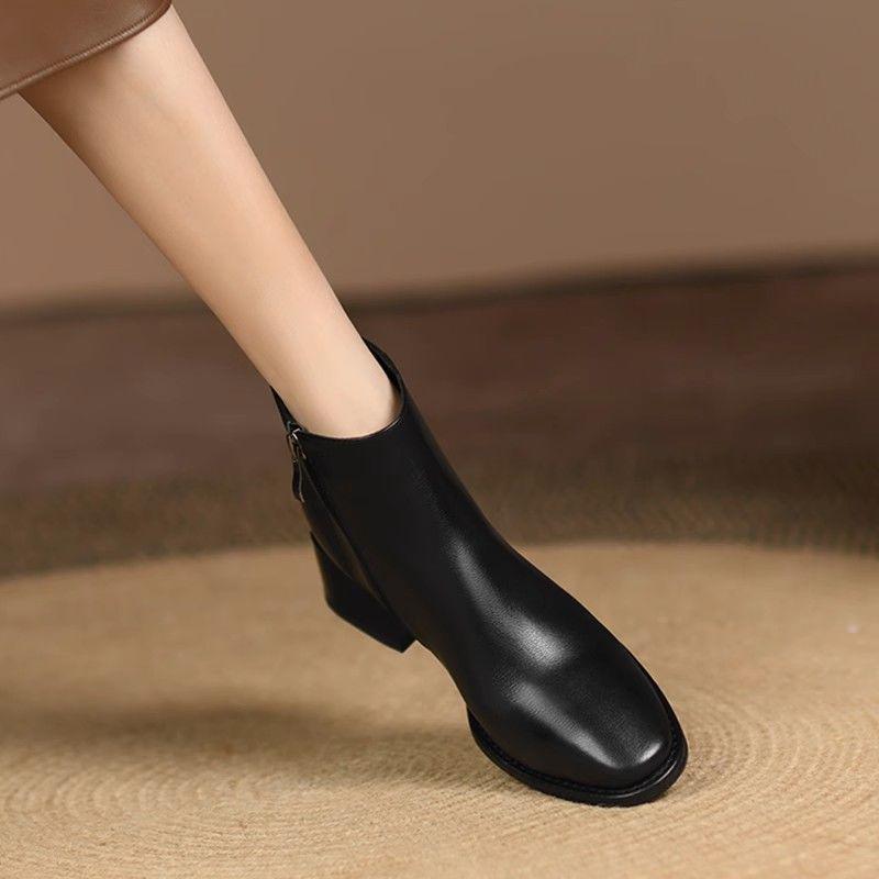 

Women s Chunky Heel Ankle Boots - 2025 Autumn/Winter Fashion - Soft Brown Leather French Style Size 40