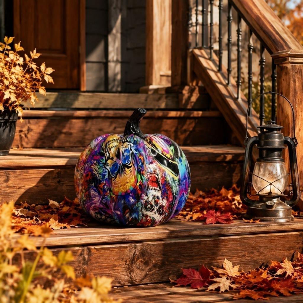 Large Halloween Decorative Pumpkin Figurine Day of the Dead Inspired Desktop Ornament for Indoor Tabletop Display Holiday Event Decor