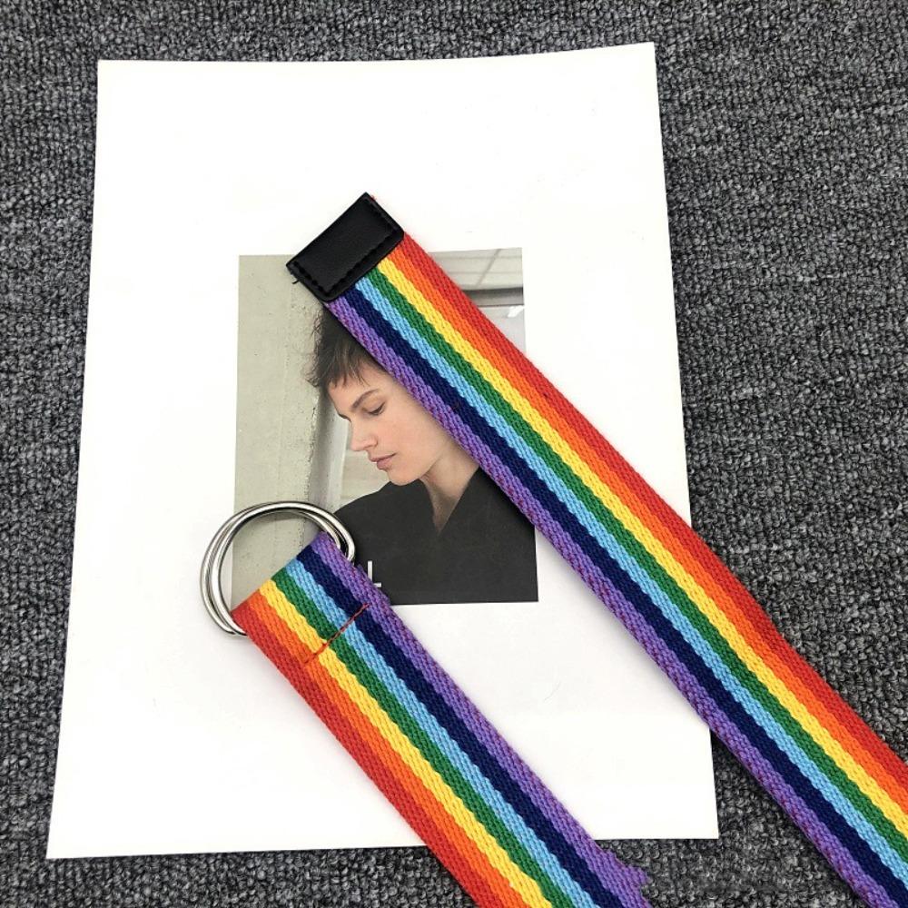 D-shaped Buckle Rainbow Canvas Belt Nylon Canvas Waist Belt Casual Men Belt  Dresses