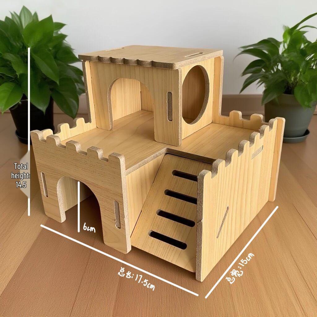 Golden Silk Hamster Villa: Interactive Wooden House with Platform, Climbing Ladder, and Hiding Spots - Complete Set for Landscaping.