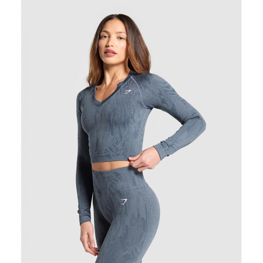 Gymshark Top cu Mânecă Lungă Fără Cusături Camuflaj Adapt Albastru Titan Gri Denim B3b2l Udcj