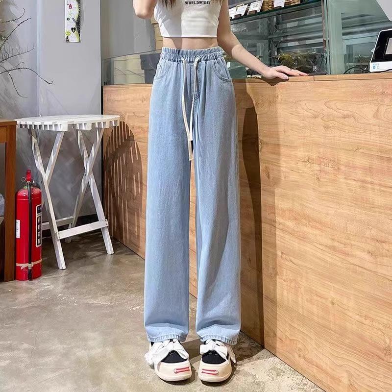 Women Elastic Drawstring Waist Straight Jeans Loose Wide Leg Denim Pants Casual Light Washed Long Trousers
