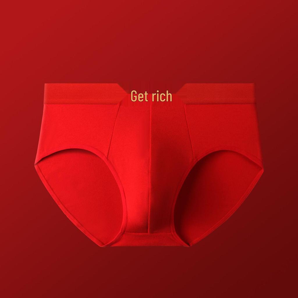 Year of the Rat Men's Cotton Mid-Waist Breathable Red Underwear for Weddings