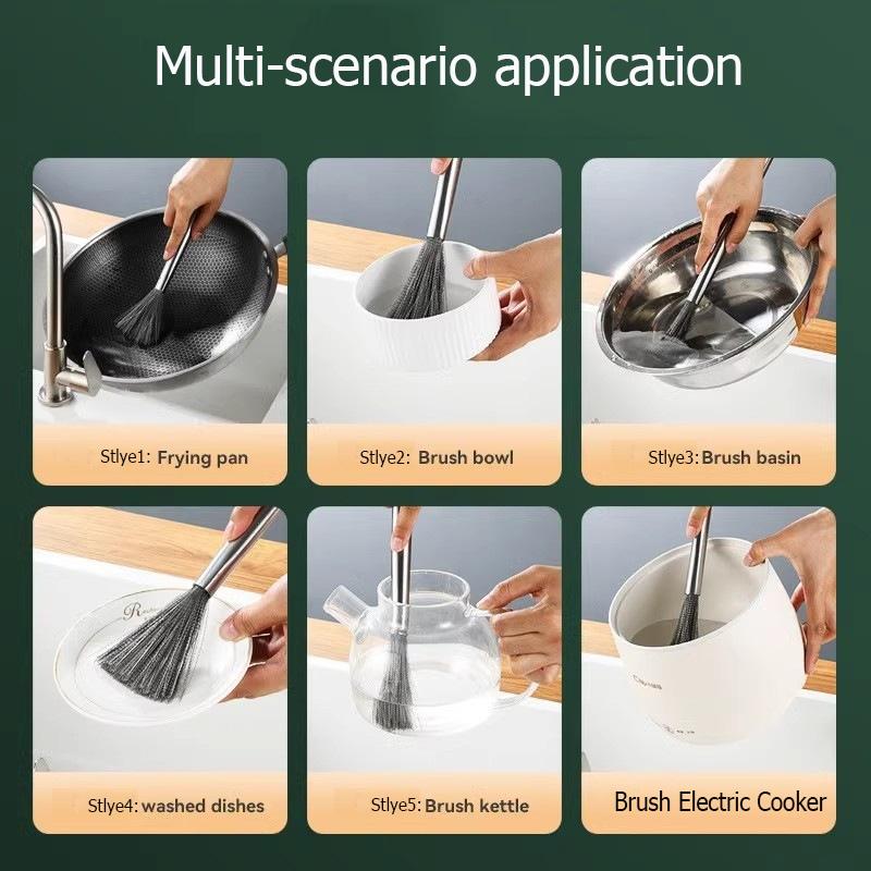 Kitchen Stainless Steel Pot Brush Long-Handled Dishwashing Brush for Kitchen Sink Pans Cleaning Brush Hanging Scrubber Gadget