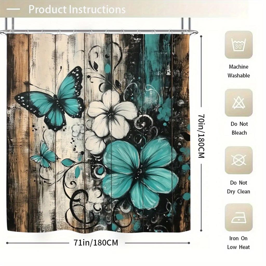 1/4Pcs Bathroom Shower Curtain Set Teal Butterfly  Print Bathroom Curtain With 12 Hooks Non Slip Rugs Toilet Cover Mat Bathroom Partition