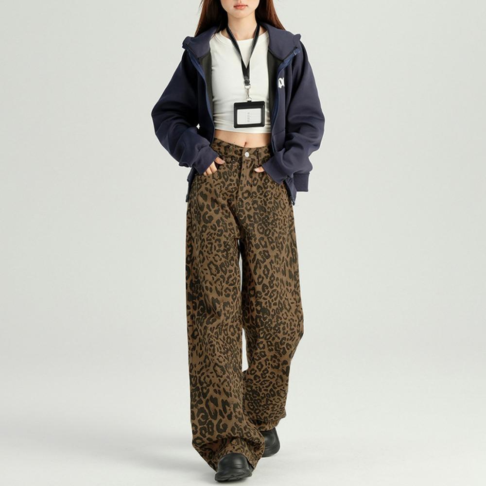 

Трендовые прямые джинсы с леопардовым принтом, новые весенне-осенние, с высокой талией и широкими штанинами, джинсы-мопы 2XL цветной печати леопарда