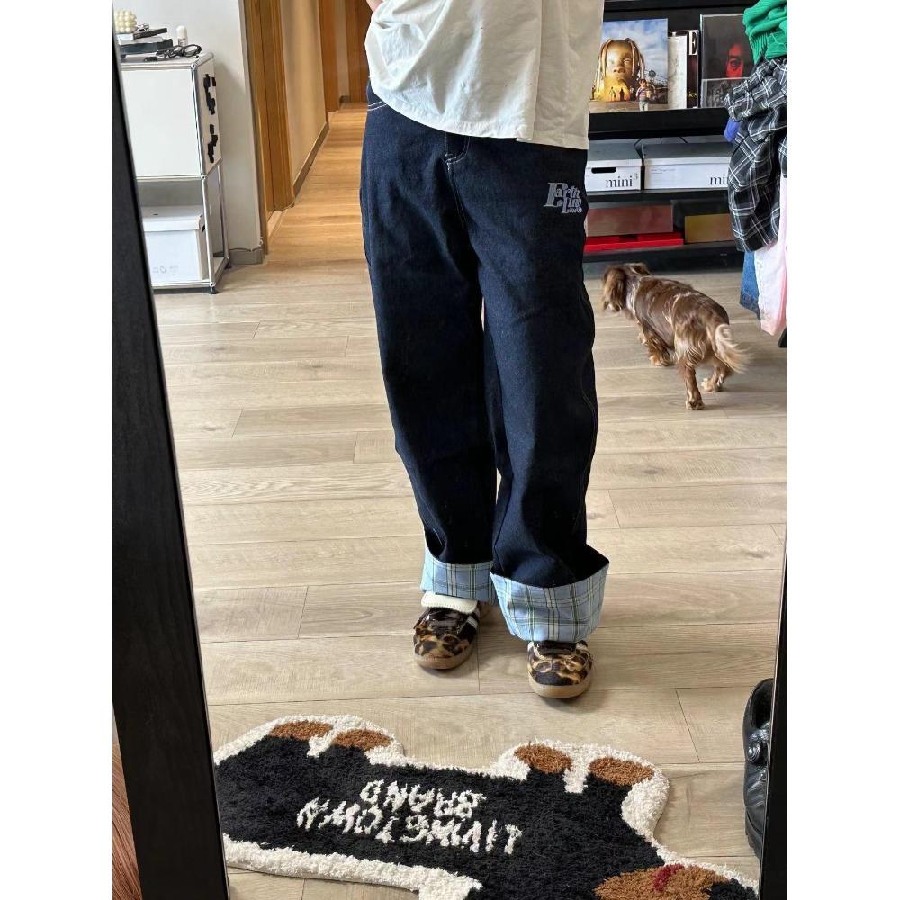 RogueWave Amerikansk Retro Rutig Patchwork Rullad Kant Damjeans High Street Harajuku Lös Vid Ben Raka Ben Herr- och Dambyxor