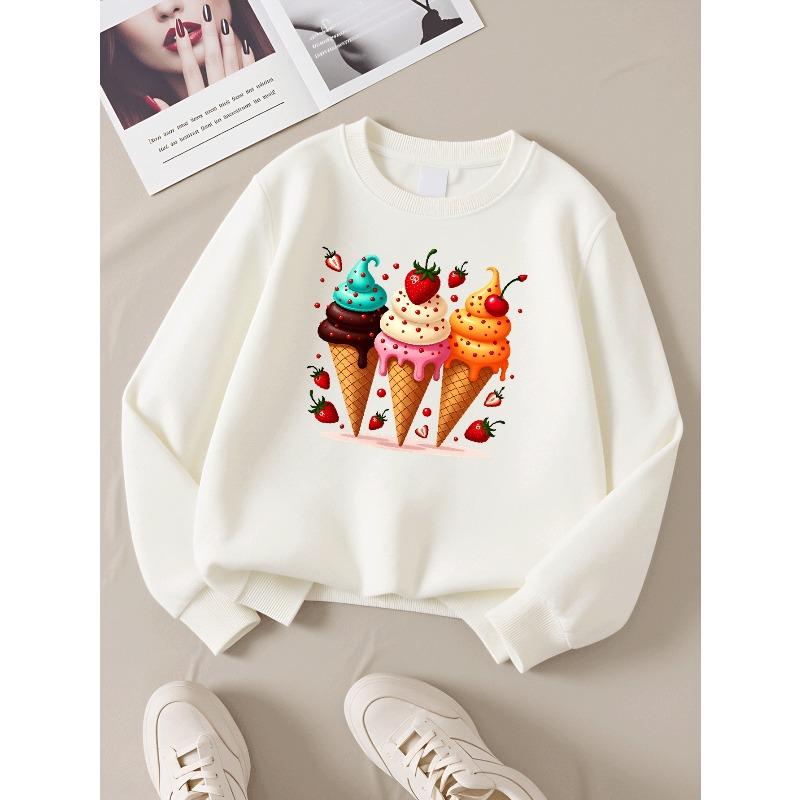 Girls' Soft Crewneck Sweatshirt Colorful Ice Cream Cones with Strawberries And Cherries with Cute Creative Print, Casual All-Match for Fall Winter