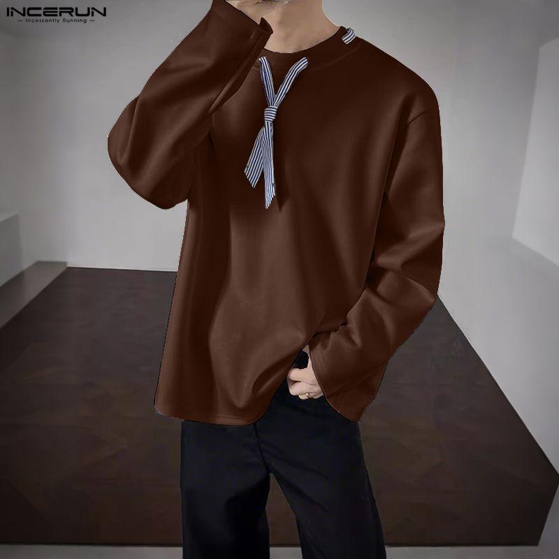 INCERUN Spring Men Striped Tie Long Sleeve Casual Loose Pullover T-shirts Tops