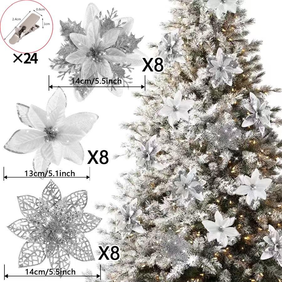 6-24 Stück 15cm Künstliche Weihnachtsblumen mit Clips Stielen, Weihnachtsbaumschmuck Glitzerblume für Girlande Neujahrsparty Dekoration