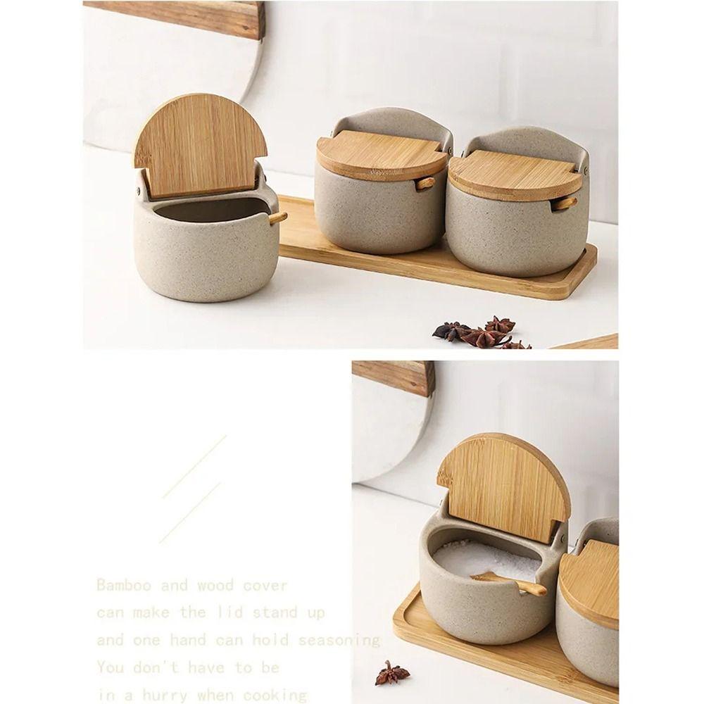 Wooden Tray Spices Storage Box Bamboo Lid Kitchen Condiment Container  Counter
