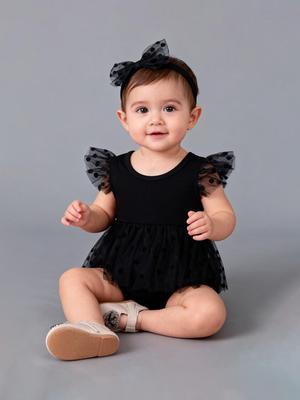 Baby Girl Cute Polka Dot Snow Fly Sleeve Mesh Skirt Black Triangle Jumpsuit