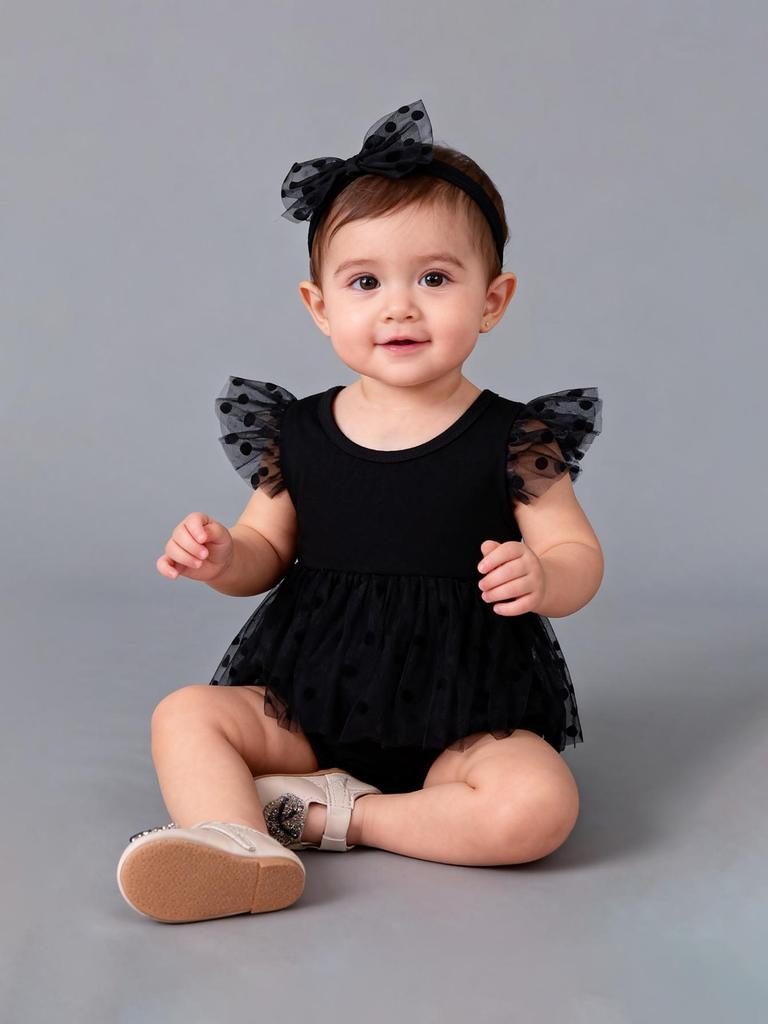 Baby Girl Cute Polka Dot Snow Fly Sleeve Mesh Skirt Black Triangle Jumpsuit