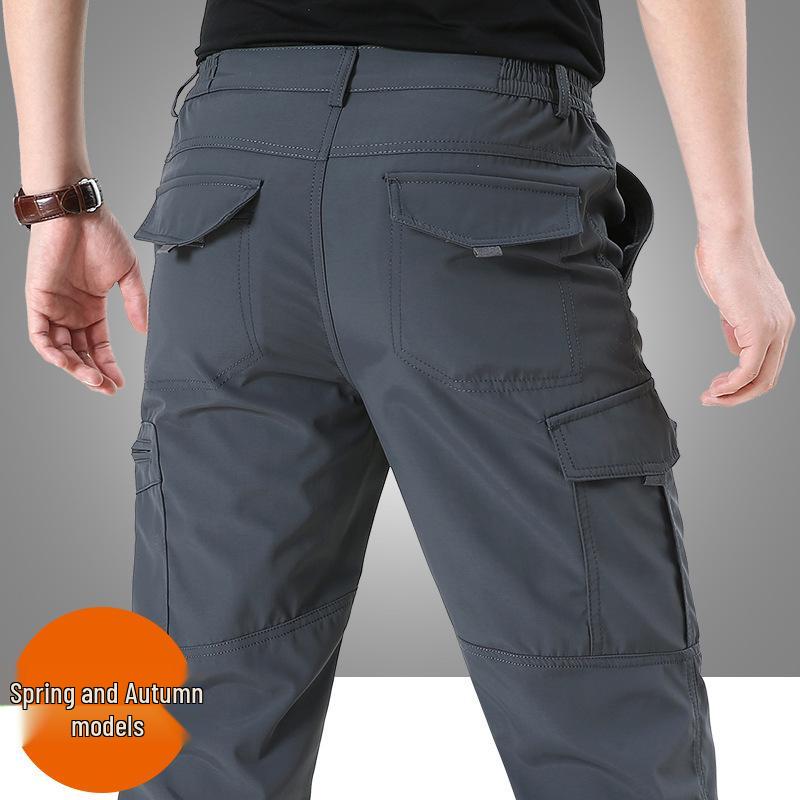 In Stock Men's Quick-Dry Winter Outdoor Multi-Pocket Ski Pants, Plus Velvet Thick Straight-Leg Windproof Long Pants