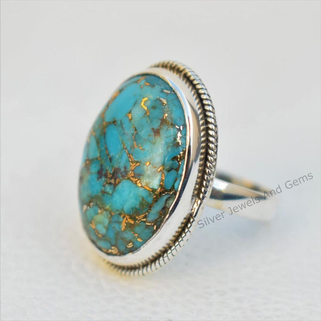 Blue Copper Turquoise Ring, 925 Sterling Silver Handmade Ring, Oval Gemstone Ring, December Birthstone, Promise Ring