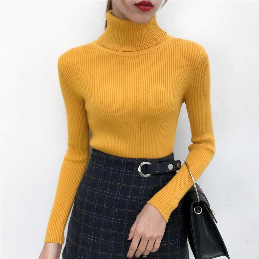 Women's Autumn Winter High Neck Slim-Fit Knit Base Layer Top In Apricot and White One Size