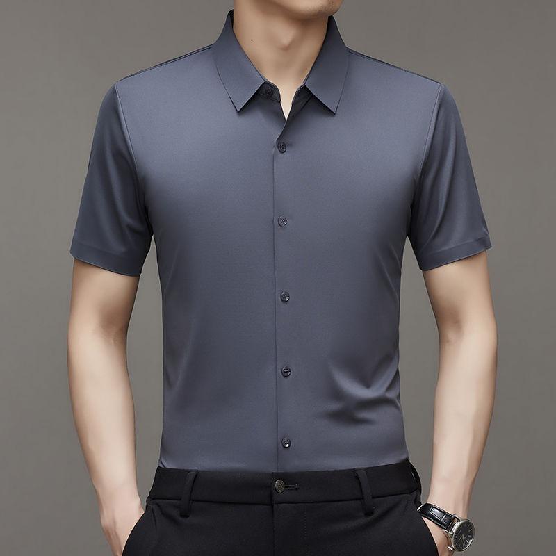 

High End Ice Silk Shirts Men Short Sleeve Business Wrinkle Shirt Single Breasted Elastic Tops Luxurious Wedding Clothes XL темно-сірий колір