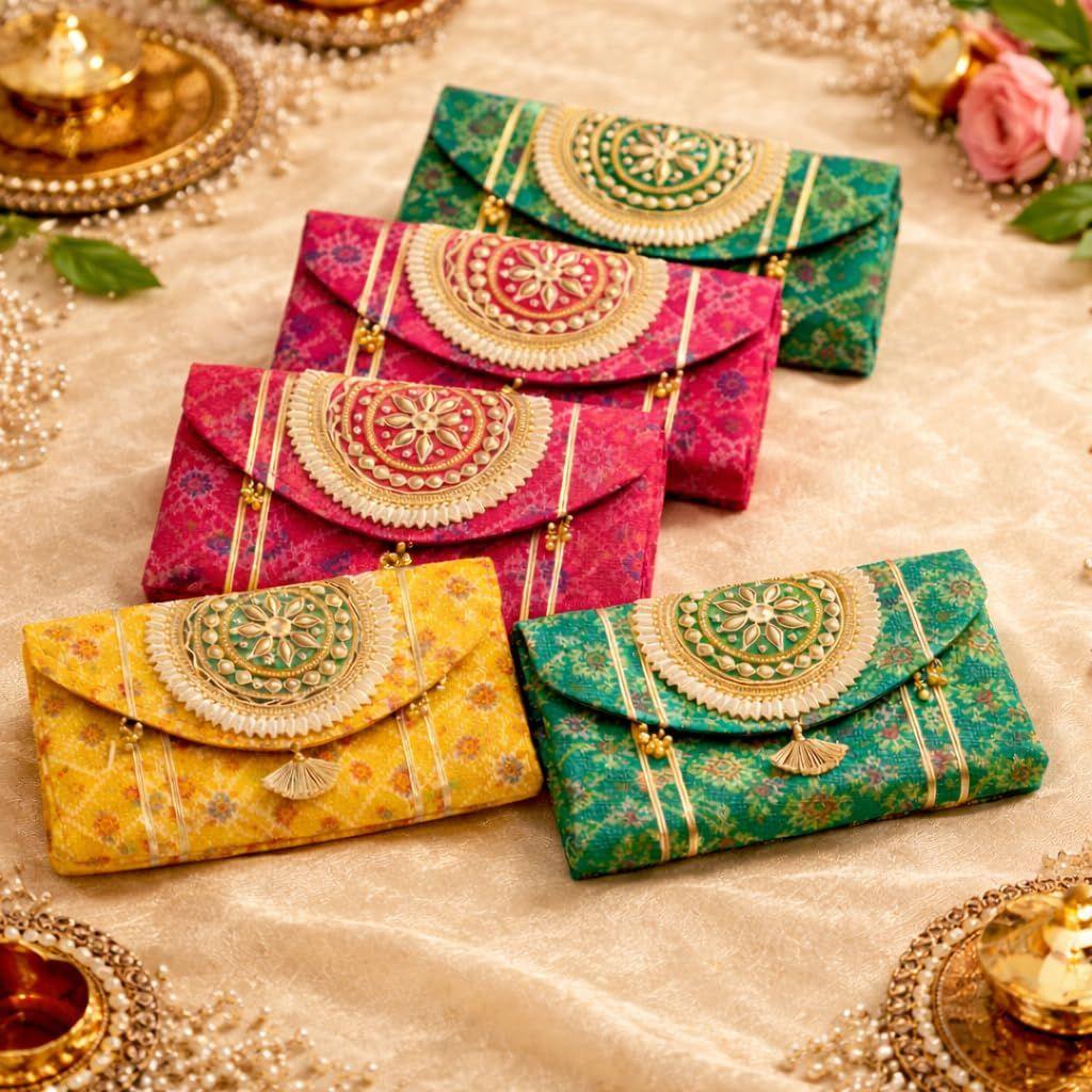 Women Ethnic Embroidered Clutch Bag with Golden Handwork & Tassel | Traditional Wedding Party & Festive Shagun Purse