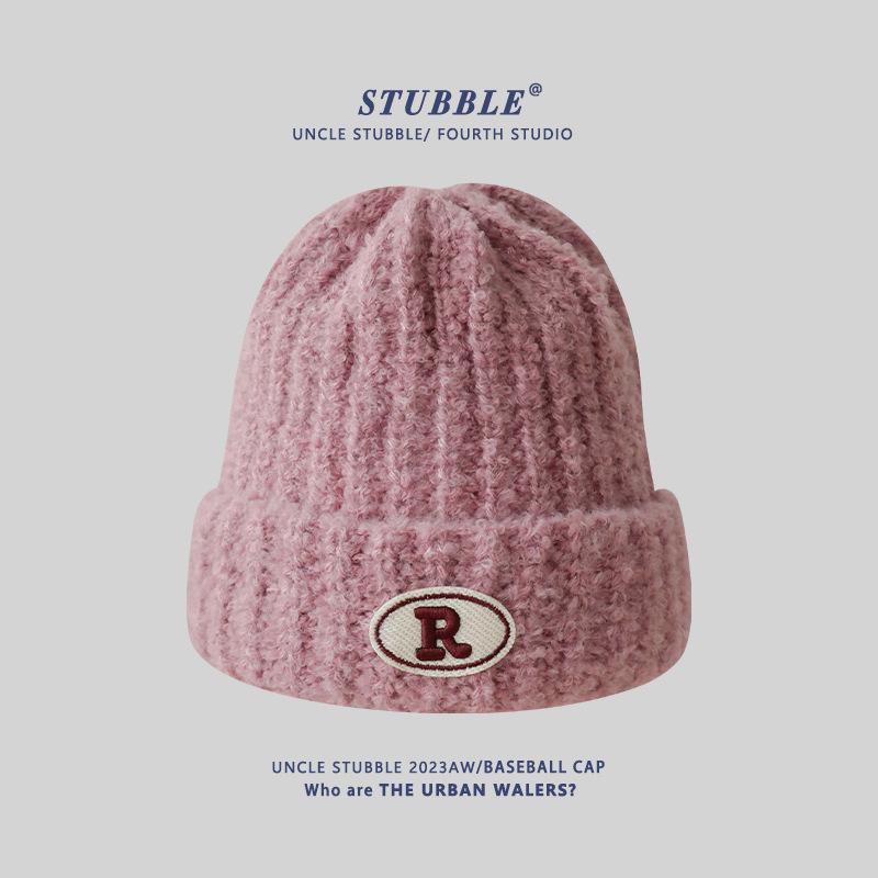 Warm Knitted Hats for Men and Women R Marked Face-showing Small Woolen Hats  Pile Hats for Couples  Outdoor Pullover Cold Hats
