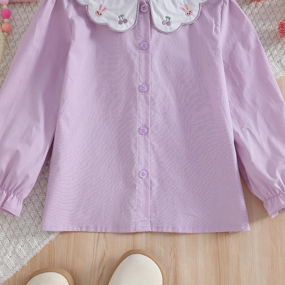 Bluză mov cu mâneci lungi pentru fetițe, cu broderie iepuraș, guler Peter Pan, primăvară-toamnă, îmbrăcăminte copii 2-6 ani