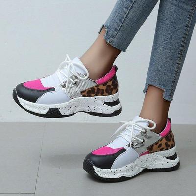 New Thick Soled Shoes Leopard Print Color Matching Lace Up Outdoor Sports Shoes Shallow Mouth Women's Shoes