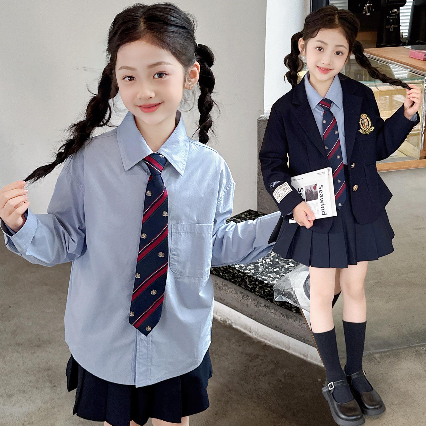 

Girls Academy Style Kindergarten Uniform Set: Spring/Autumn Jacket, JK Shirt, and Skirt Three-Piece Outfit. 140 cm
