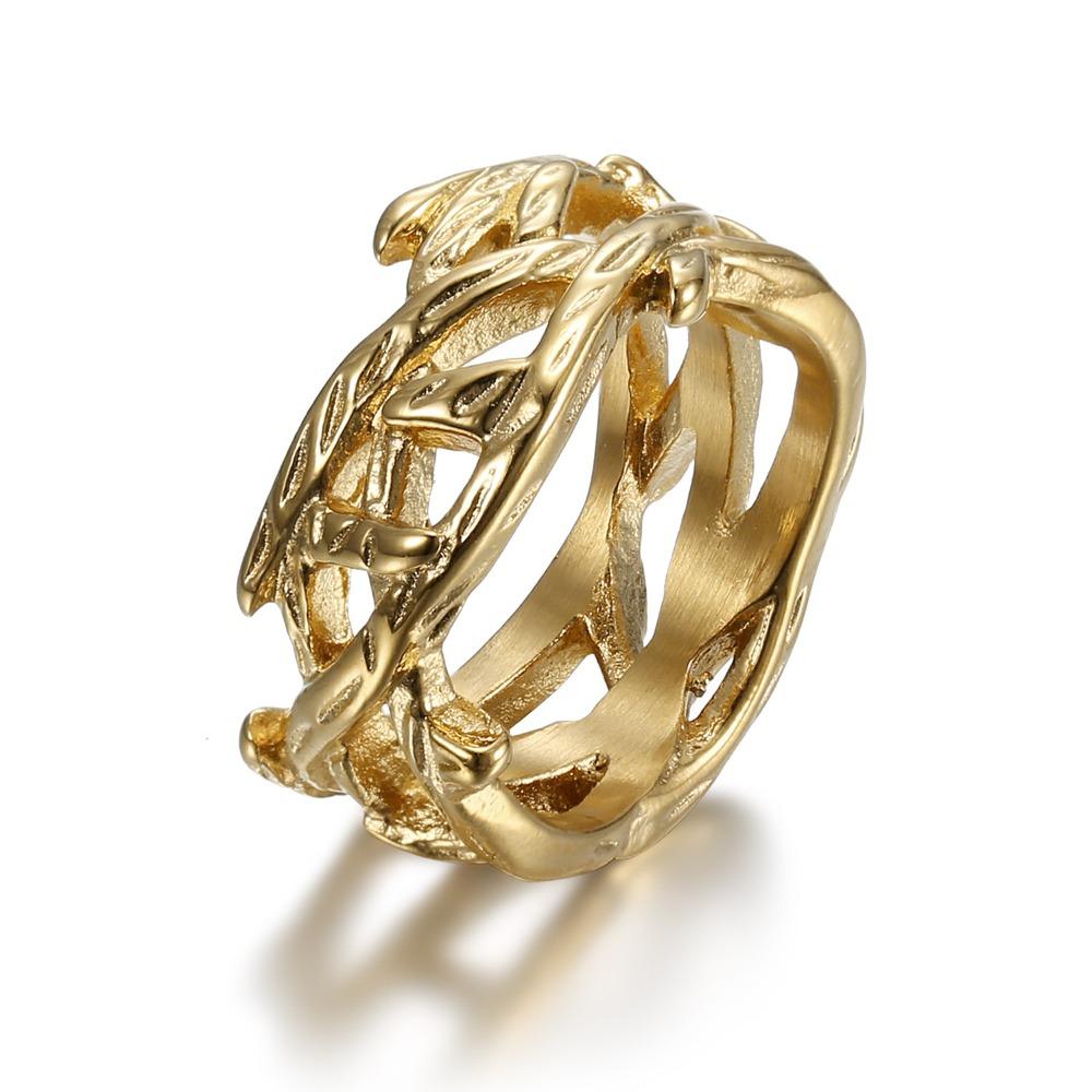 Vintage Polished Titanium Steel Tree of Life Ring Artful Jewelry in Gold Silver Colors