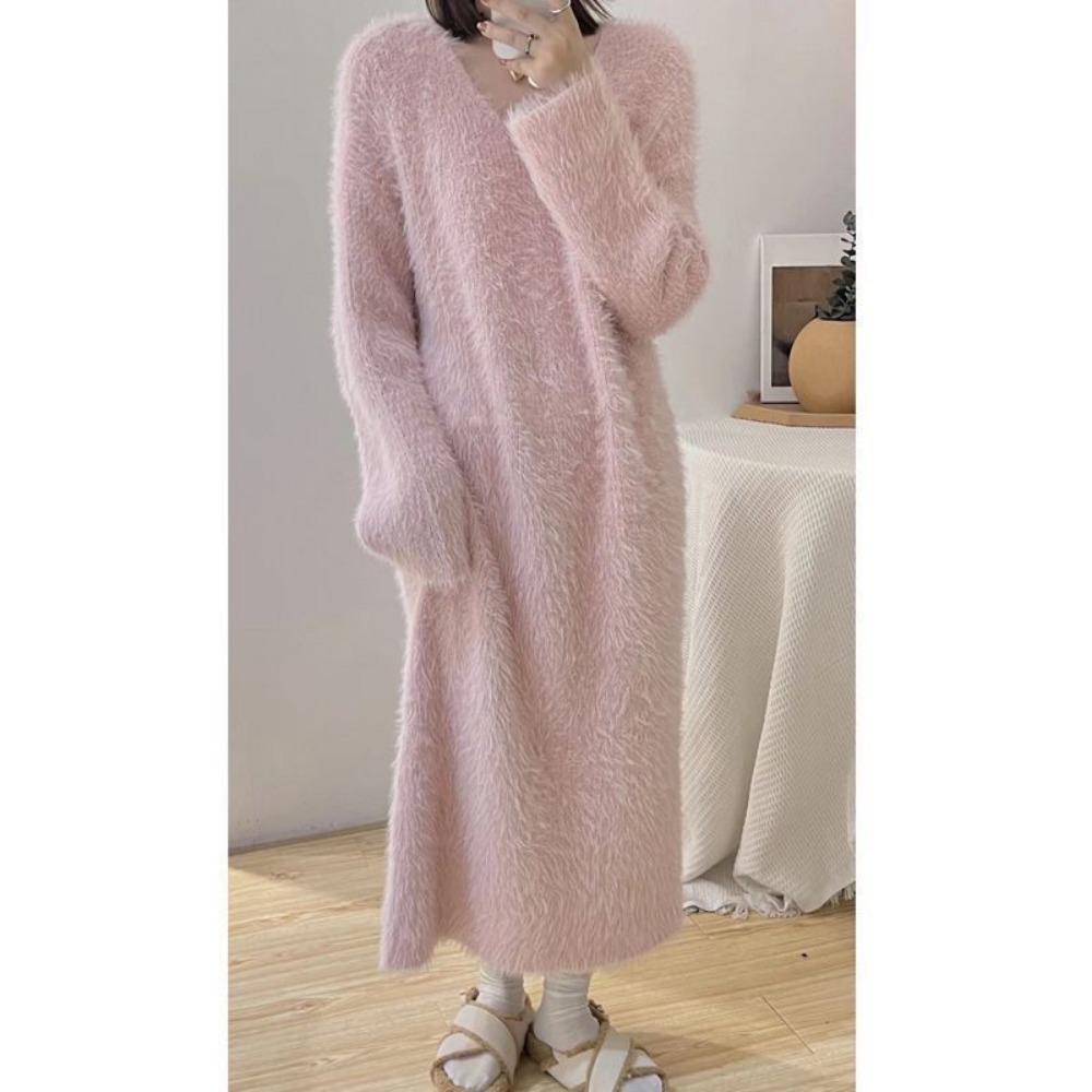 Herbst und Winter Neu Imitation Nerz Samt Locker Über dem Knie Langer Haarrock Damen Übergröße Pyjama Kleid
