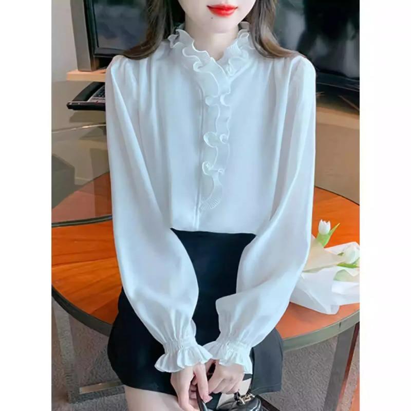 Women Elegant Ruffle Trim Stand Collar Chiffon Blouse S белый