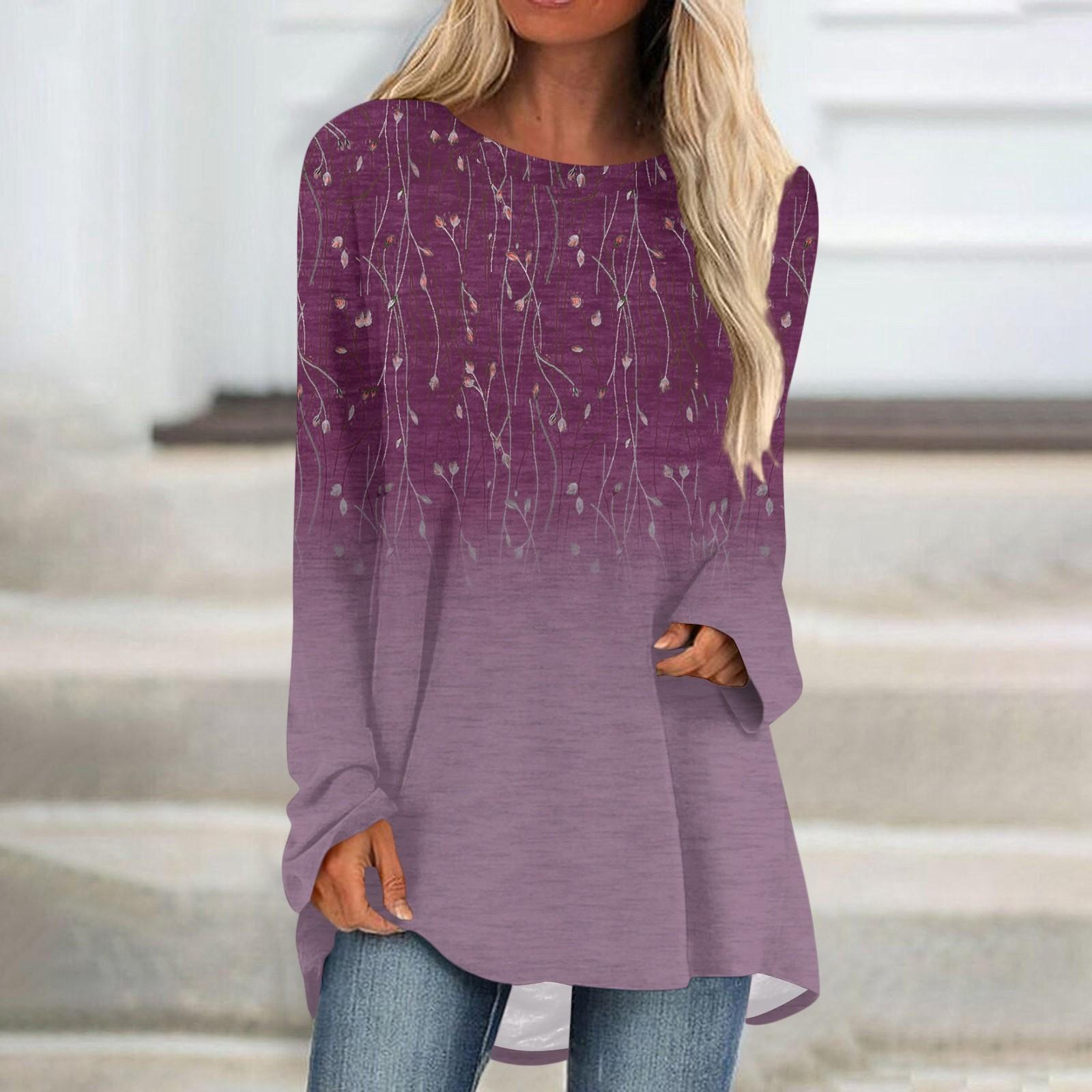 

Женская модная повседневная футболка с принтом, длинный рукав, круглый вырез, средний длинный топ M фиолетовый