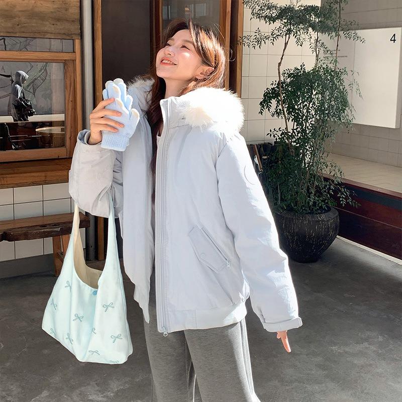 Fur collar tooling cotton clothes women's winter new badge thickened cotton clothes loose hooded bread clothes jacket