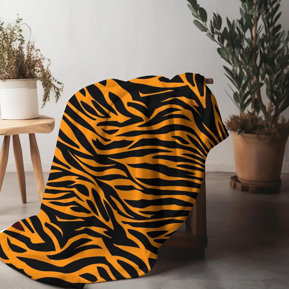 Orange Black Tiger Striped Fleece Blanket Soft Warm Throw Bed Sofa Cover Gift for Kids Teens Adults