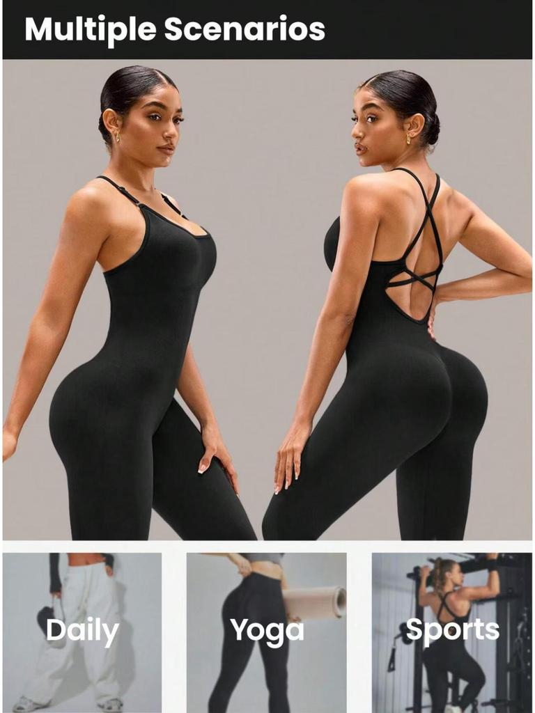 Women's Seamless Cross-Back Jumpsuit with Adjustable Straps for Fitness and Dance