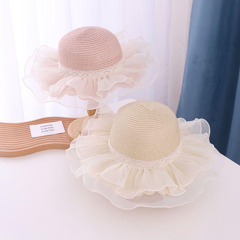 Chapeau de Paille d'Été pour Bébé Fille Couleur Unie Dentelle Volant Chapeau de Pêcheur pour Enfants Casquettes de Plage d'Extérieur Pare-soleil Chapeaux Bob à Large Bord