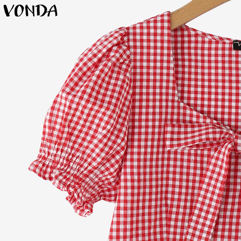 VONDA Women Summer Square Collar Short Puff Sleeve Bow Knot Plaid Print Casual T-shirts