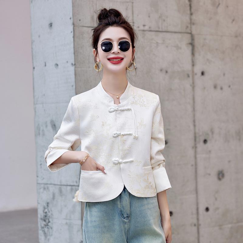 Off-white Coat Women's Short Spring and Autumn New Disc-buckled Stand-up Collar Jacquard Tang Suit Top Trendy