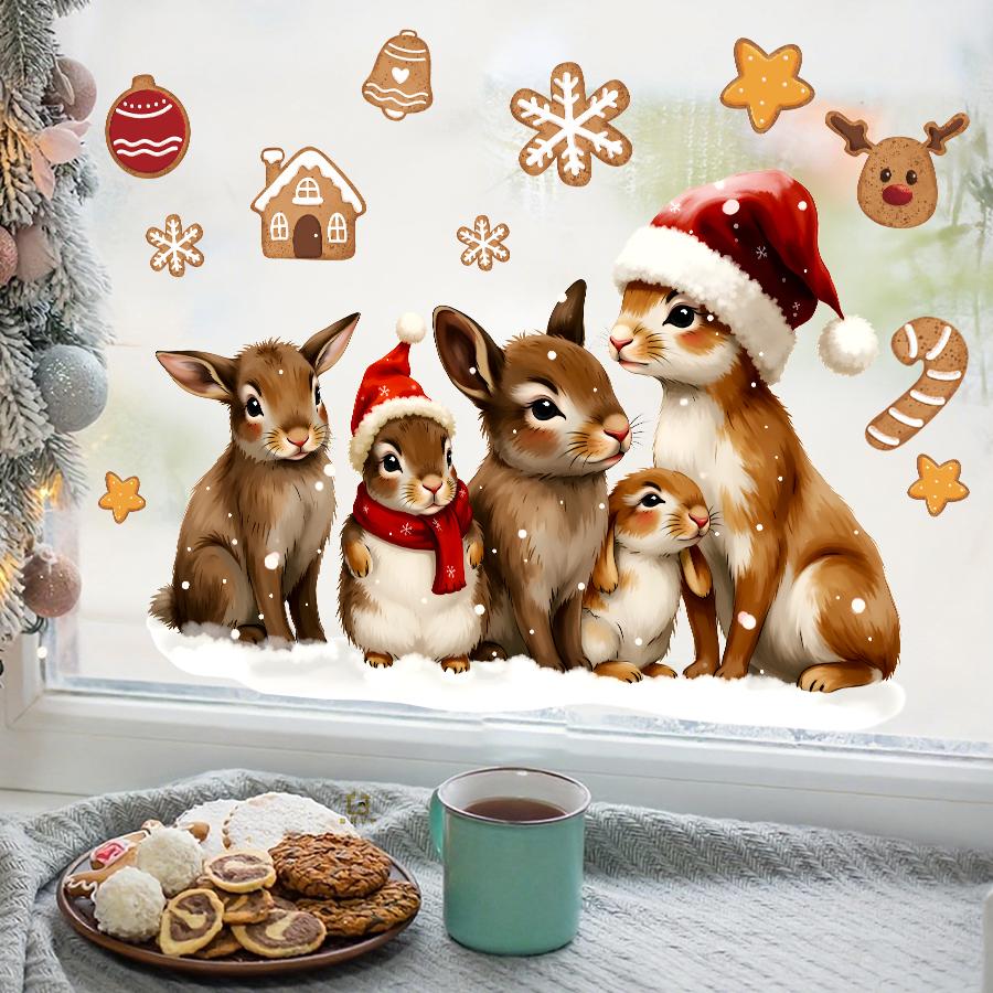 Charming Rabbit Family Gingerbread Christmas Wall Stickers Removable Self-Adhesive For Kids Room Living Room Bedroom Cafe Decor