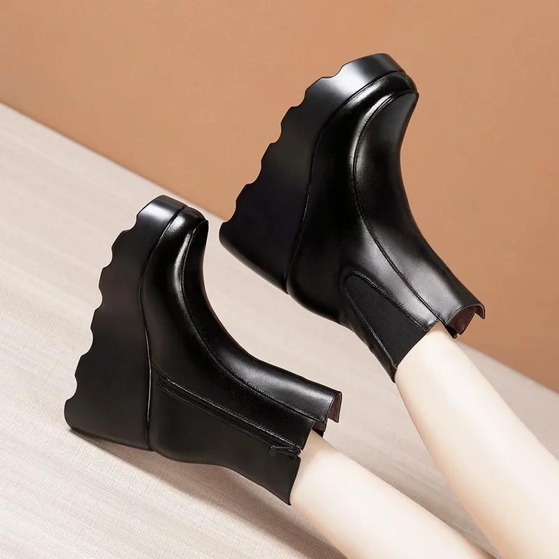 Mărimi Mici 32-43Pantofi de Pluș cu Talpă Groasă Iarnă Femei 2025 Eleganți Tocuri Înalte Wedge Glezne Cizme Botine din Piele Moale Platformă