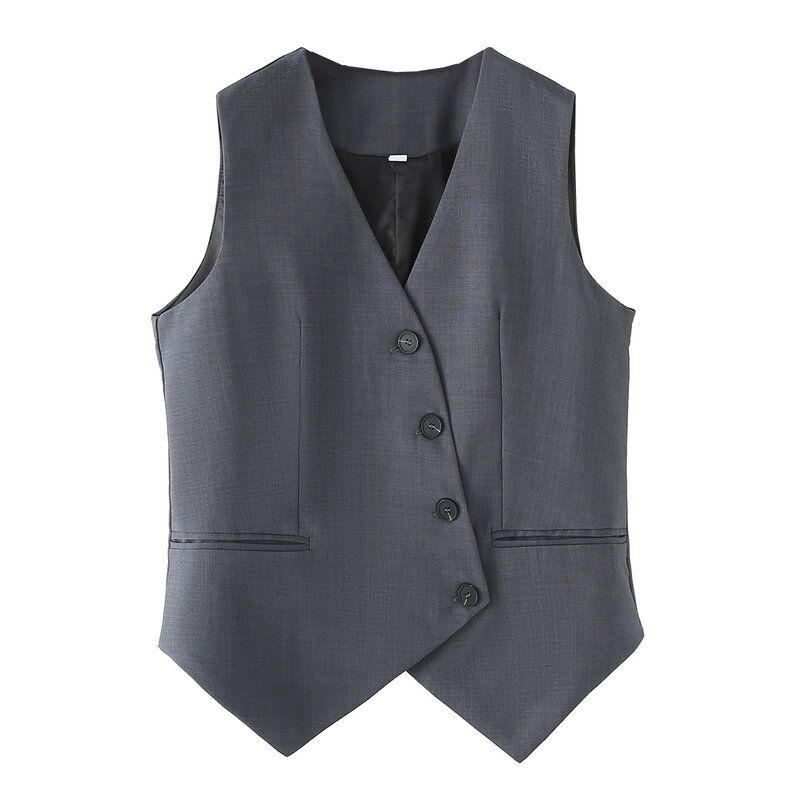 Western Style Foreign Trade Women Clothes New 2024 Fashion Solid Oblique Breasted Sleeveless Vest High Waist Slimming Pants Set
