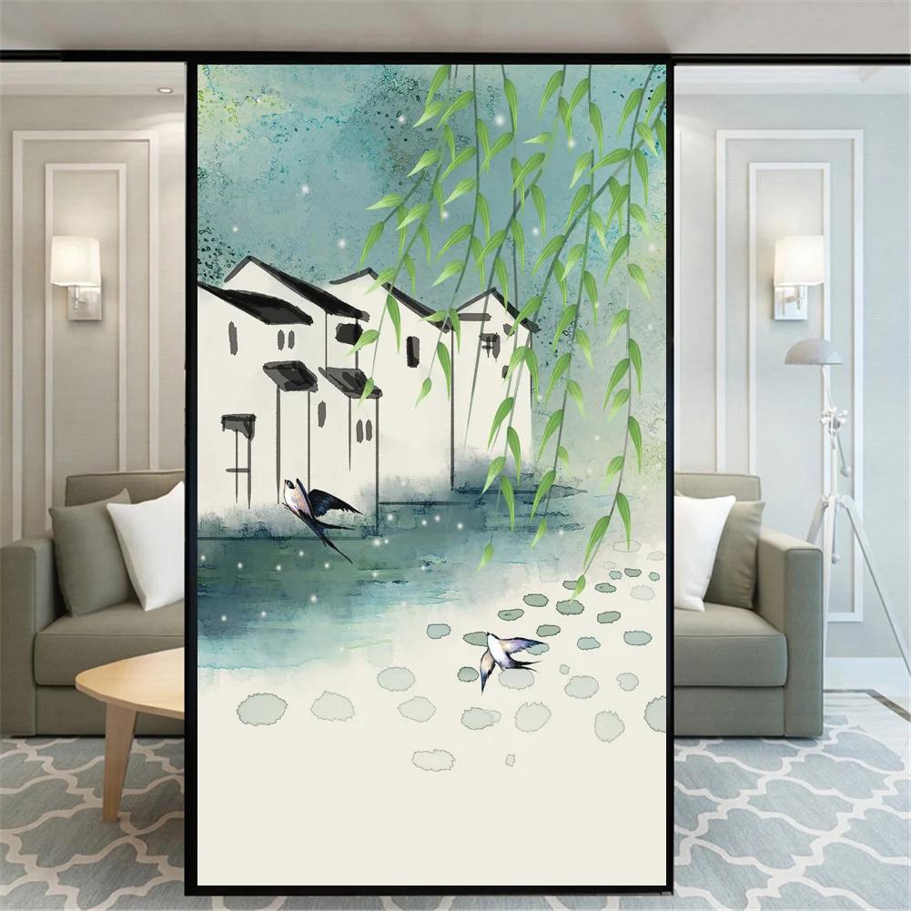 Static Cling Privacy Windows Film Decorative Plant LandscapeStained Glass Window Stickers  Frosted Windows Film