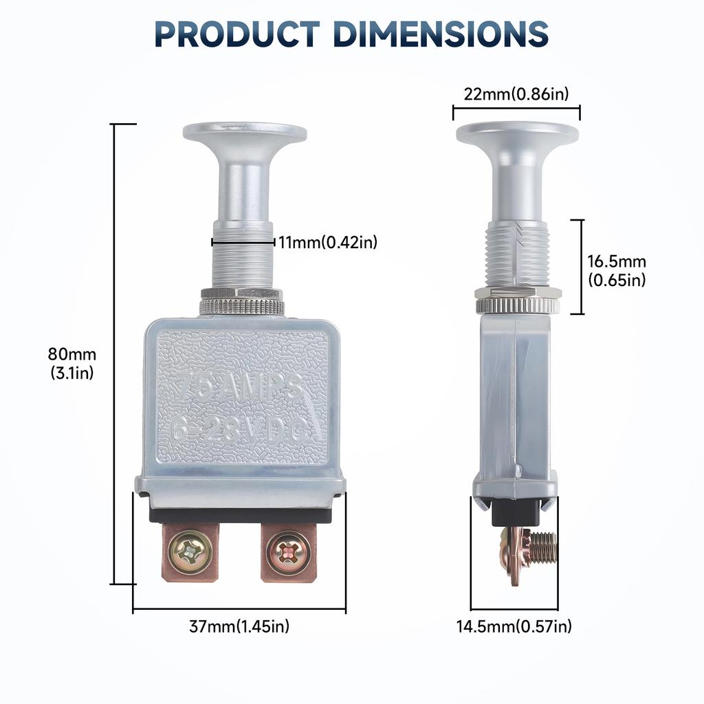 Heavy Duty Push-Pull On/Off Switch 75 AMP 6-28V DC 2 Position SPST Silver Zink Alloy For Truck Tractor Agricultural Vehicle
