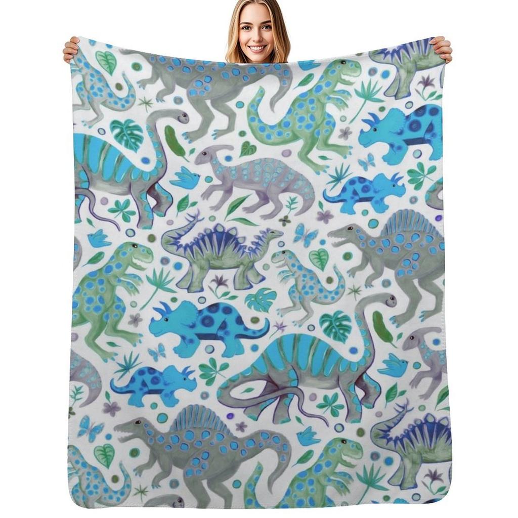 Happy Dinos in Blue and Green Throw Blanket Soft Warm Blanket Gift for Men Women Adults